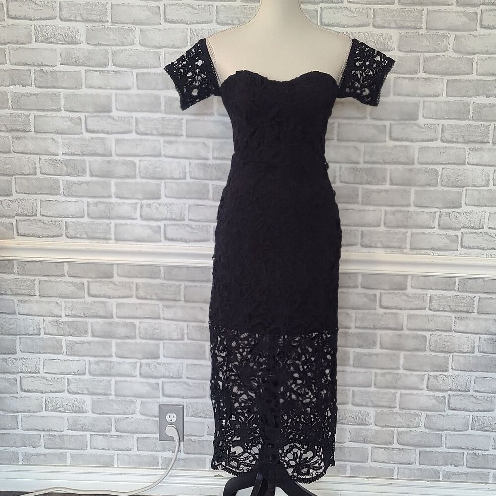 J.O.A. Off the Shoulder Black Lace Midi Dress LBD Whimsigoth Classic NEW Small